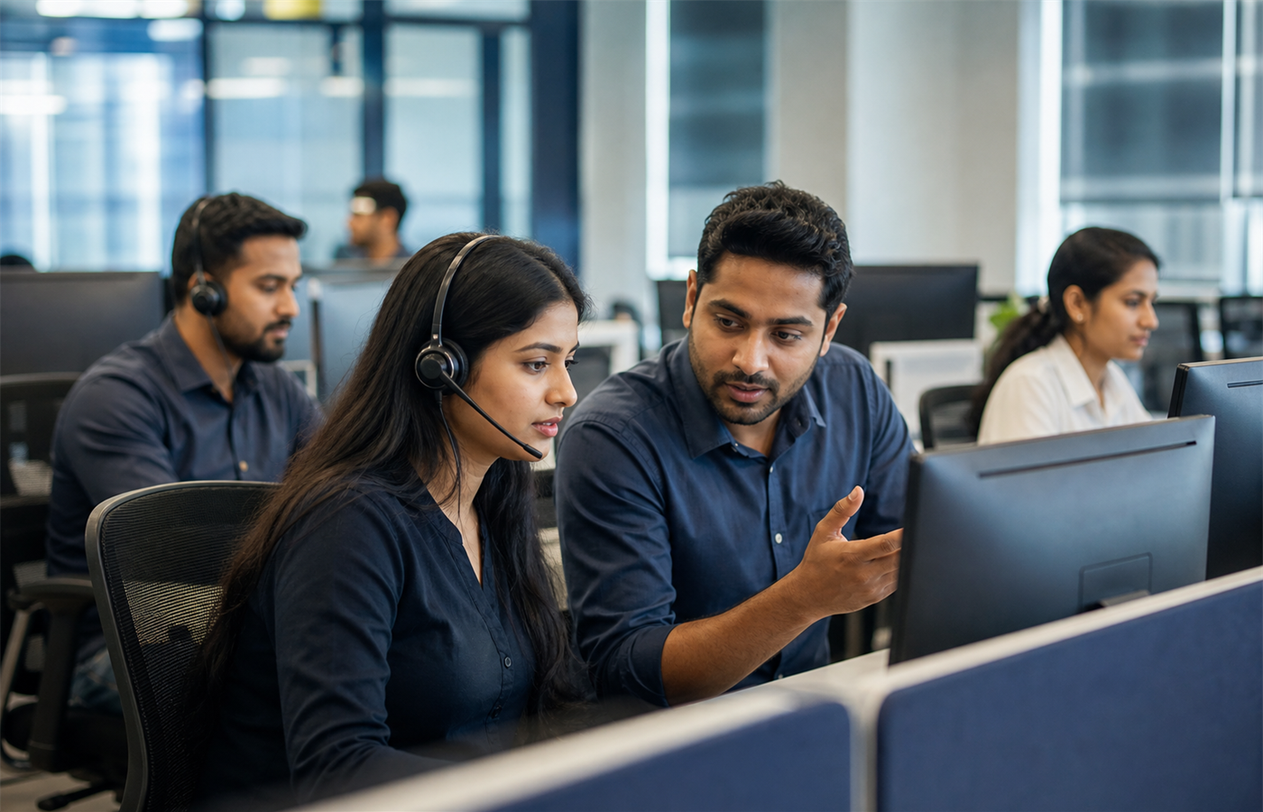 Customer support professionals collaborating in a modern office