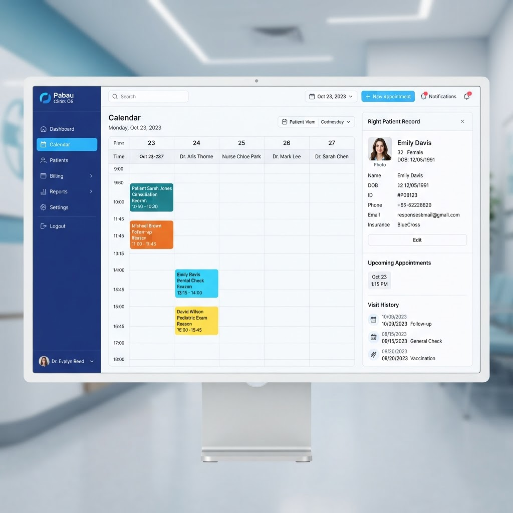 CareBridge healthcare platform interface showing appointment calendar and patient record panel