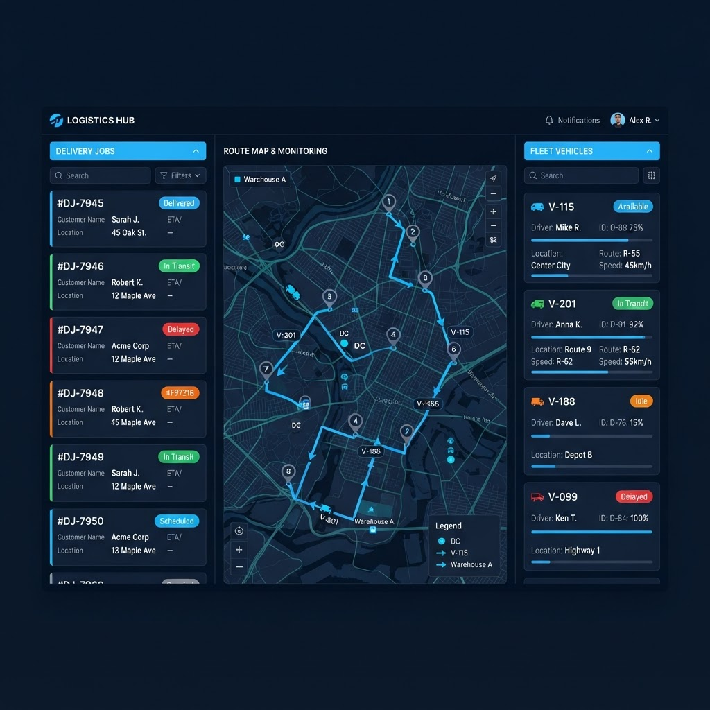 RouteFlow logistics dispatch dashboard with job list, map panel and fleet status