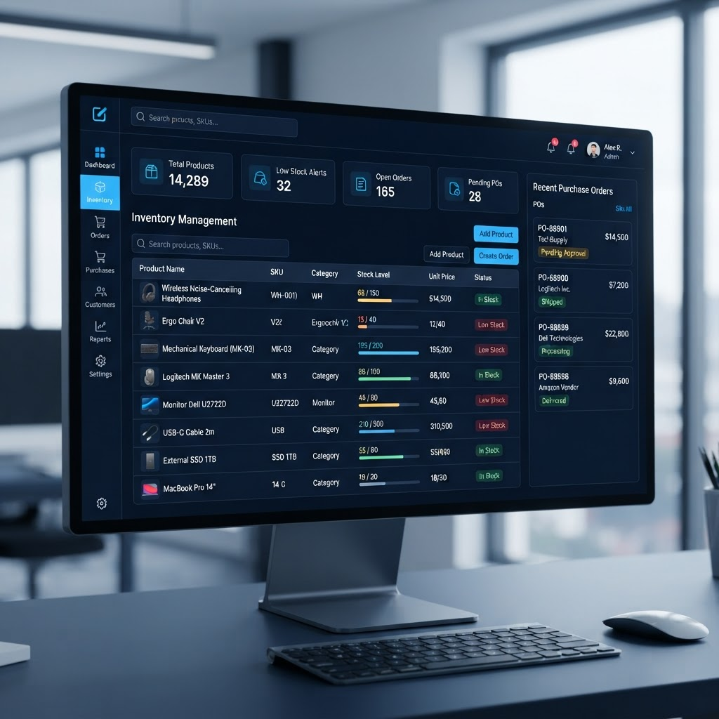 StockSphere inventory management dashboard with stock levels and purchase order list