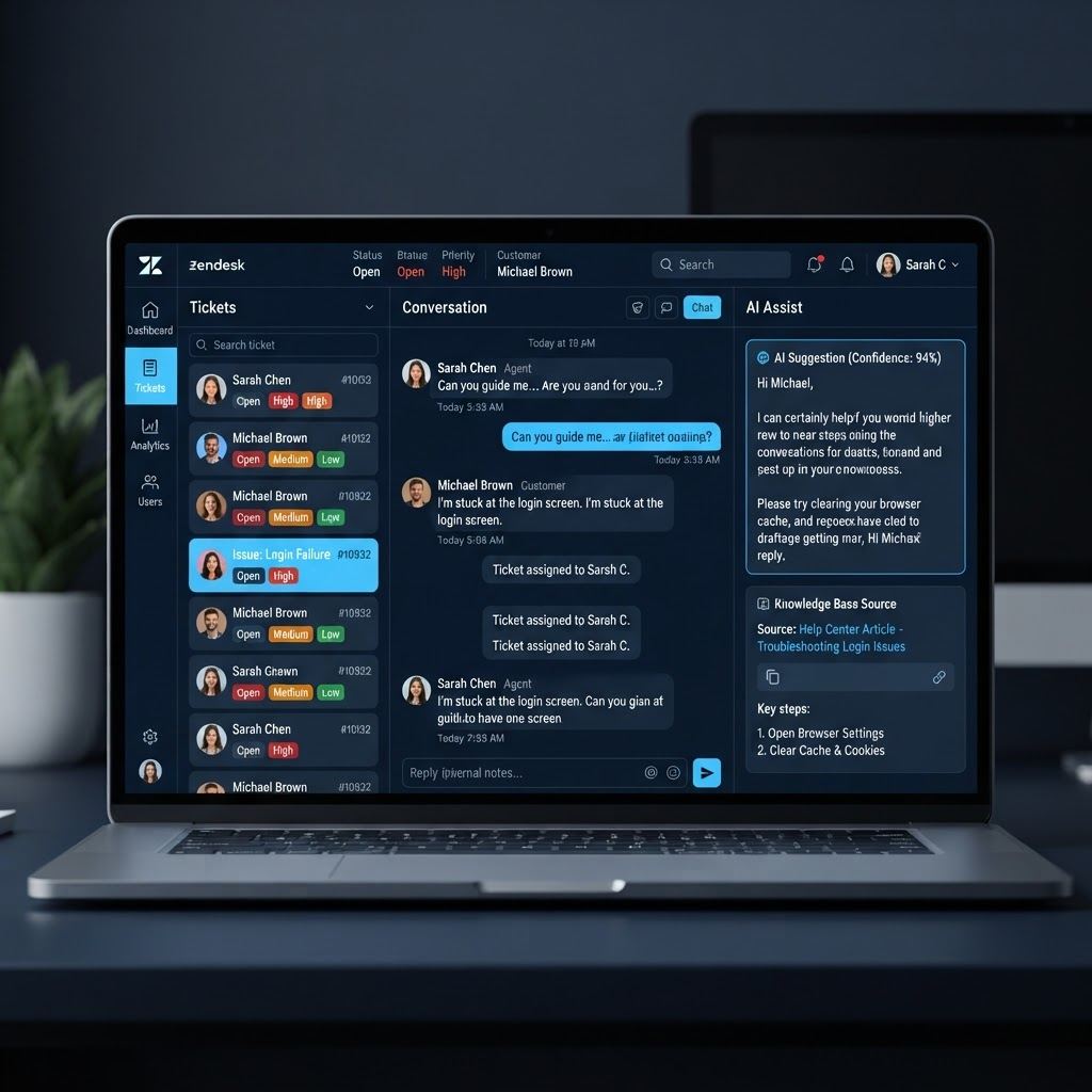 SupportPilot AI customer support workspace with ticket queue and suggested reply panel